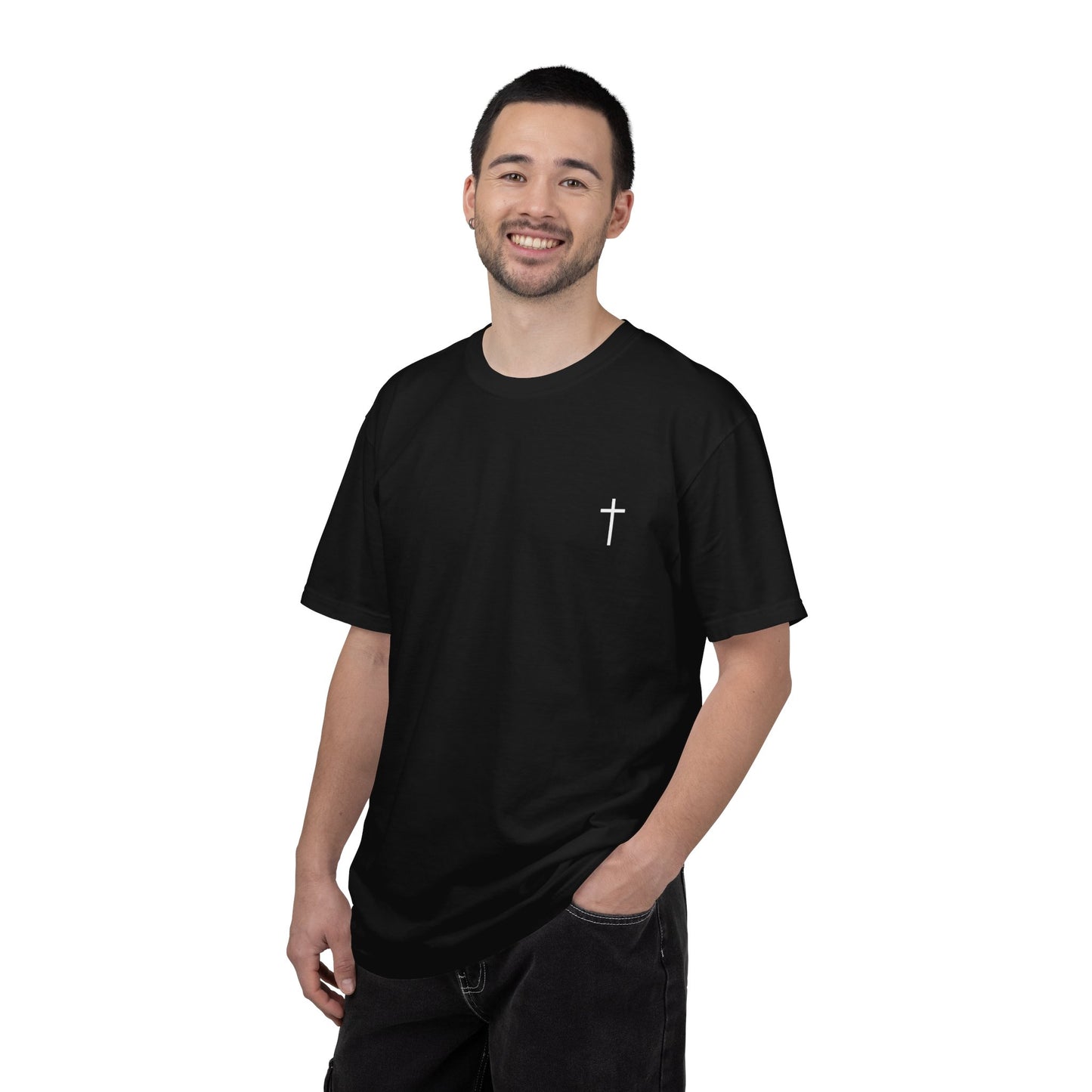 Minimal Cross Chest T-Shirt — Small Faith Cross Graphic
