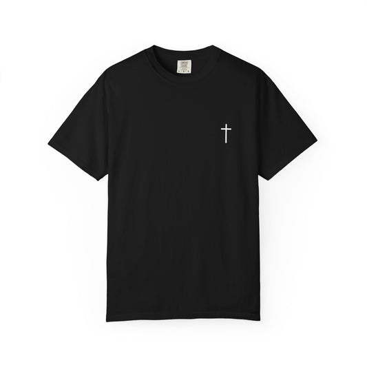 Minimal Cross Chest T-Shirt — Small Faith Cross Graphic
