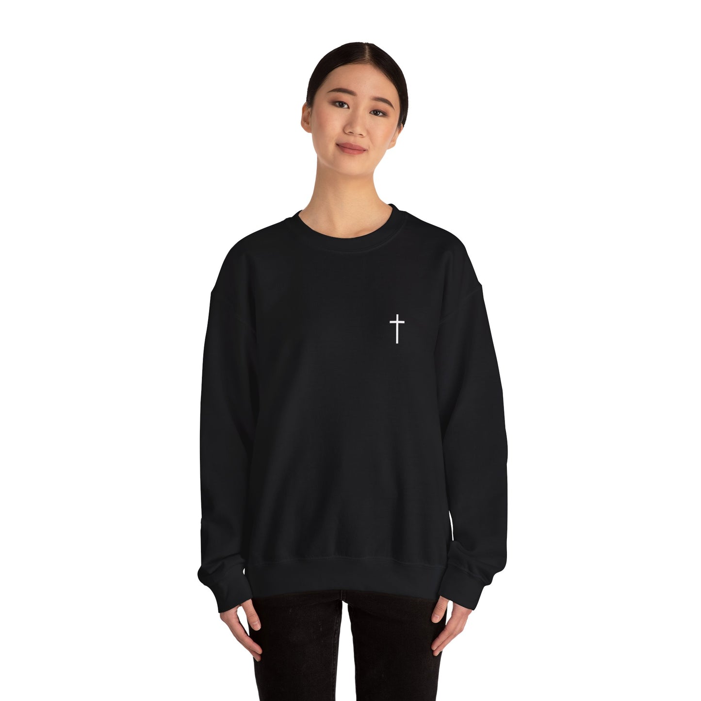 Minimal Cross Crewneck Sweatshirt — Small Chest Cross Christian Pullover
