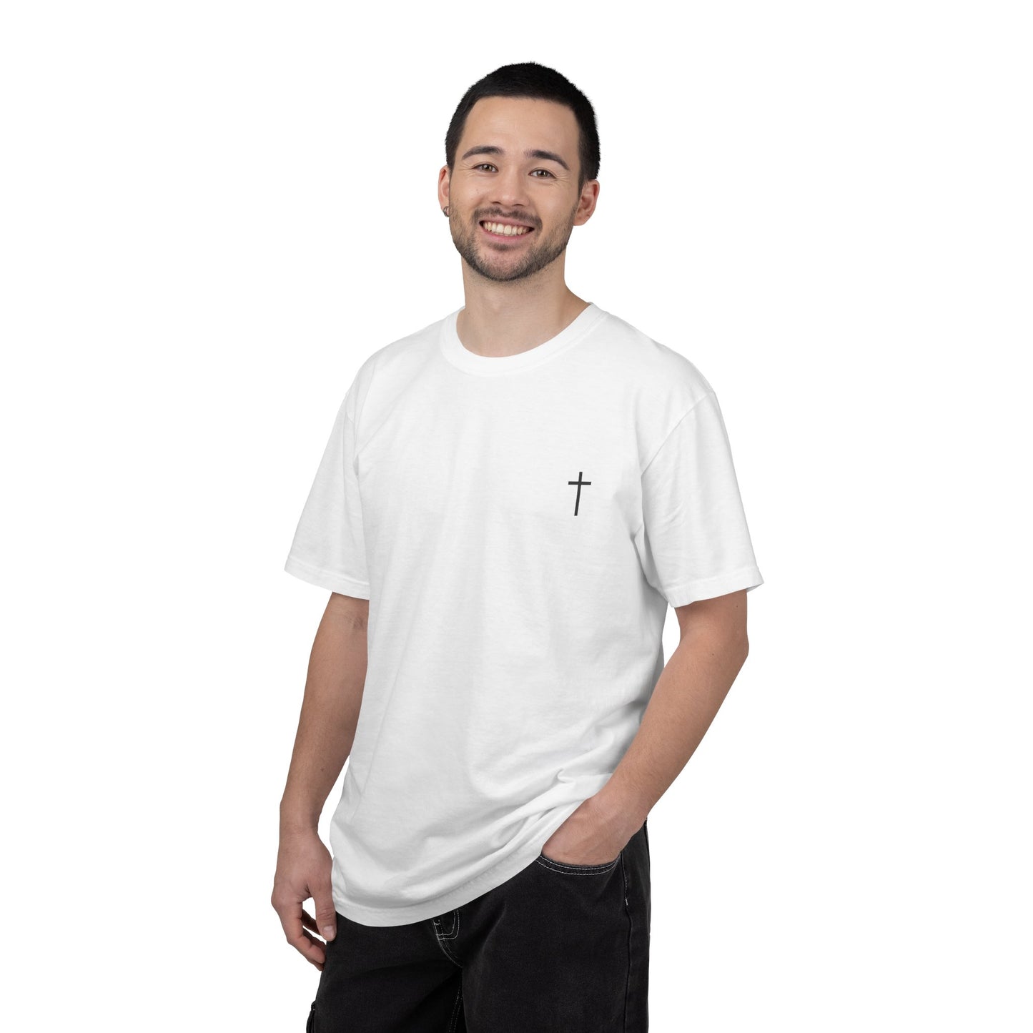Minimal Cross Chest T-Shirt — Small Faith Cross Graphic