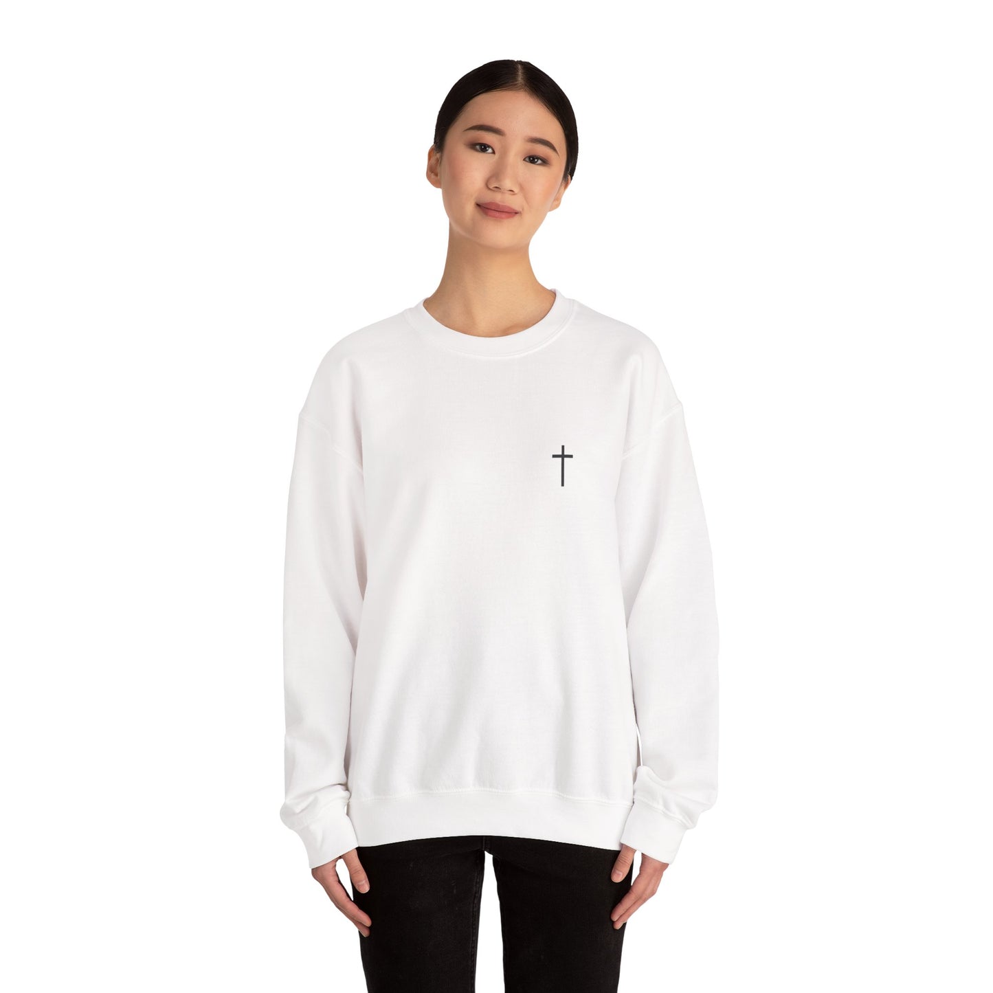 Minimal Cross Crewneck Sweatshirt — Small Chest Cross Christian Pullover
